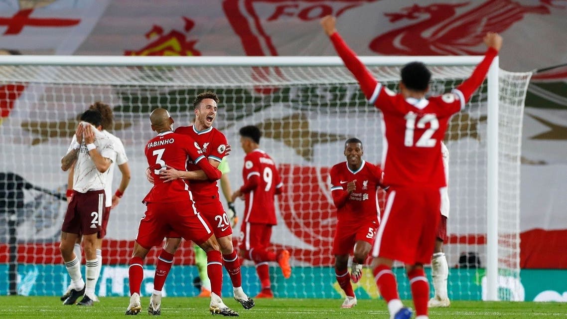 Liverpool’s Diogo Jota celebrates scoring their third goal with teammates in the Premier League match against Arsenal at Anfield, Liverpool, Britain, on September 28, 2020 (Reuters)