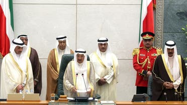 Emir of Kuwait Sheikh Sabah Al-Ahmad Al-Sabah (C) speaks as Kuwaiti crown prince Sheikh Nawaf al-Ahmad al-Sabah (R) and Kuwaiti parliament speaker Marzouq al-Ghanim (L) listen on during the opening ceremony of the new legislative year at the National Assembly in Kuwait City, on October 24, 2017. (AFP)