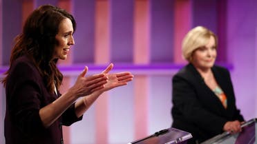 New Zealand Prime Minister Jacinda Ardern (L) and National leader Judith Collins participate in a televised debate at TVNZ in Auckland, New Zealand, September 22, 2020. (Fiona Goodall/Pool via Reuters)