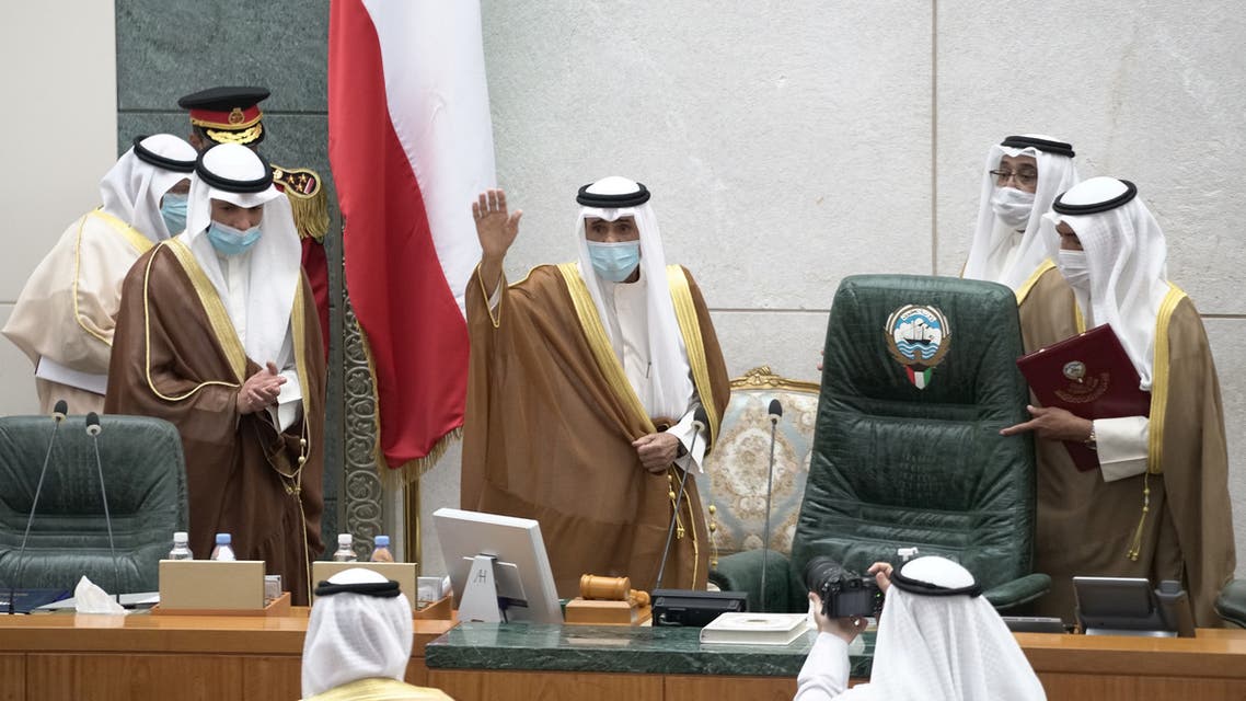 Kuwait's new Emir Nawwaf al-Ahmad al-Sabah gestures as he takes the oath of office at the parliament, in Kuwait City, Kuwait September 30, 2020. (Reuters)