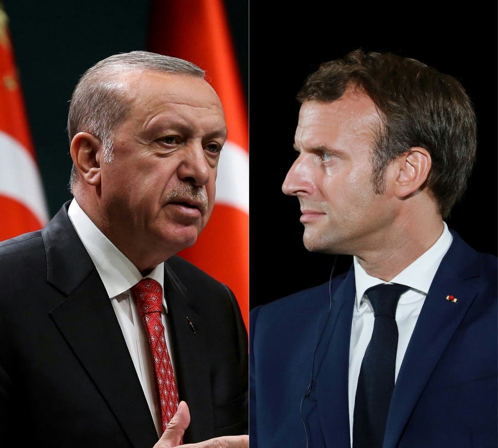 This combination of files pictures created on September 12, 2020 shows Turkish President Recep Tayyip Erdogan and French President Emmanuel Macron. (AFP)