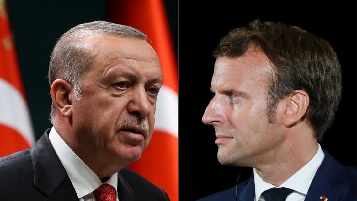 This combination of files pictures created on September 12, 2020 shows Turkish President Recep Tayyip Erdogan and French President Emmanuel Macron. (AFP)