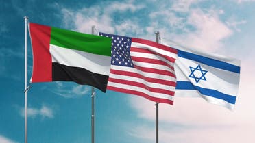 An illustration of the flags of the United Arab Emirates, the United States and Israel. (WAM)