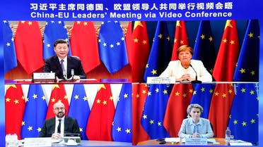 Chinese President Xi Jinping, speaks during a China-EU leaders' video meeting with German Chancellor Angela Merkel, European Council President Charles Michel, and European Commission President Ursula von der Leyen, in Beijing, on September 14, 2020. (AP)