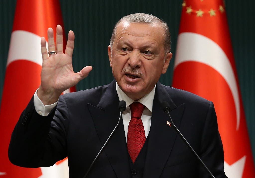 President of Turkey, Recep Tayyip Erdogan gestures as he gives a press conference after the cabinet meeting at the Presidential Complex in Ankara, Turkey, on September 21, 2020. (AFP)