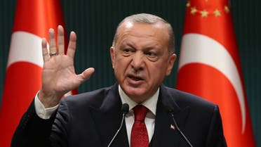 President of Turkey, Recep Tayyip Erdogan gestures as he gives a press conference after the cabinet meeting at the Presidential Complex in Ankara, Turkey, on September 21, 2020. (AFP)