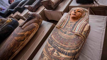The discovered human coffins closed for more than 2,500 years, displayed during a press conference at the Saqqara necropolis, 30 kms south of the Egyptian capital Cairo, on October 3, 2020. (AFP)
