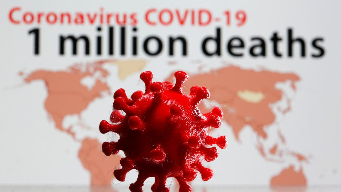 A 3D printed coronavirus model is seen in front of the words Coronavirus COVID-19, one million deaths on display in this illustration taken September 28, 2020. (Reuters)