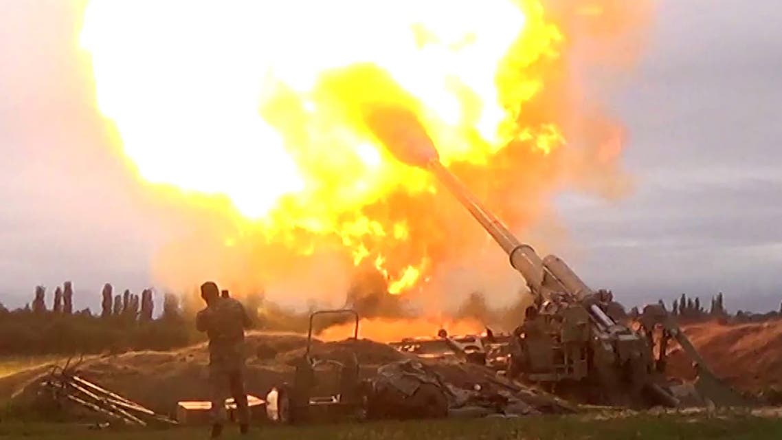 An alleged Azeri artillery strike towards the positions of Armenian separatists in the breakaway region of Nagorno-Karabakh on September 28, 2020. (AFP)