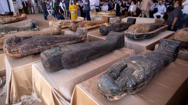 Ancient coffins are displayed at the Saqqara archaeological site, 30 kilometers (19 miles) south of Cairo, Egypt on Saturday, Oct. 3, 2020. (AP)
