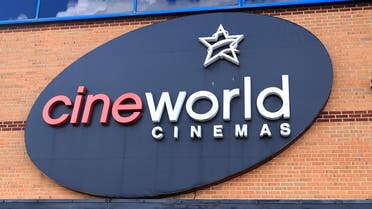 This June 18, 2020 file photo shows the logo of a Cineworld cinema in Northampton, England. U.K. media say cinema chain Cineworld will close all its U.K. venues after the postponement of the new James Bond film left a big hole in theaters’ schedules. (AP)