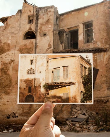 The “Bouyout Beirut” (Houses of Beirut) postcard series juxtaposes buildings that were damaged in the Beirut port explosion on Aug. 4 with an image taken before the blast that rocked the Lebanese capital. (Supplied)
