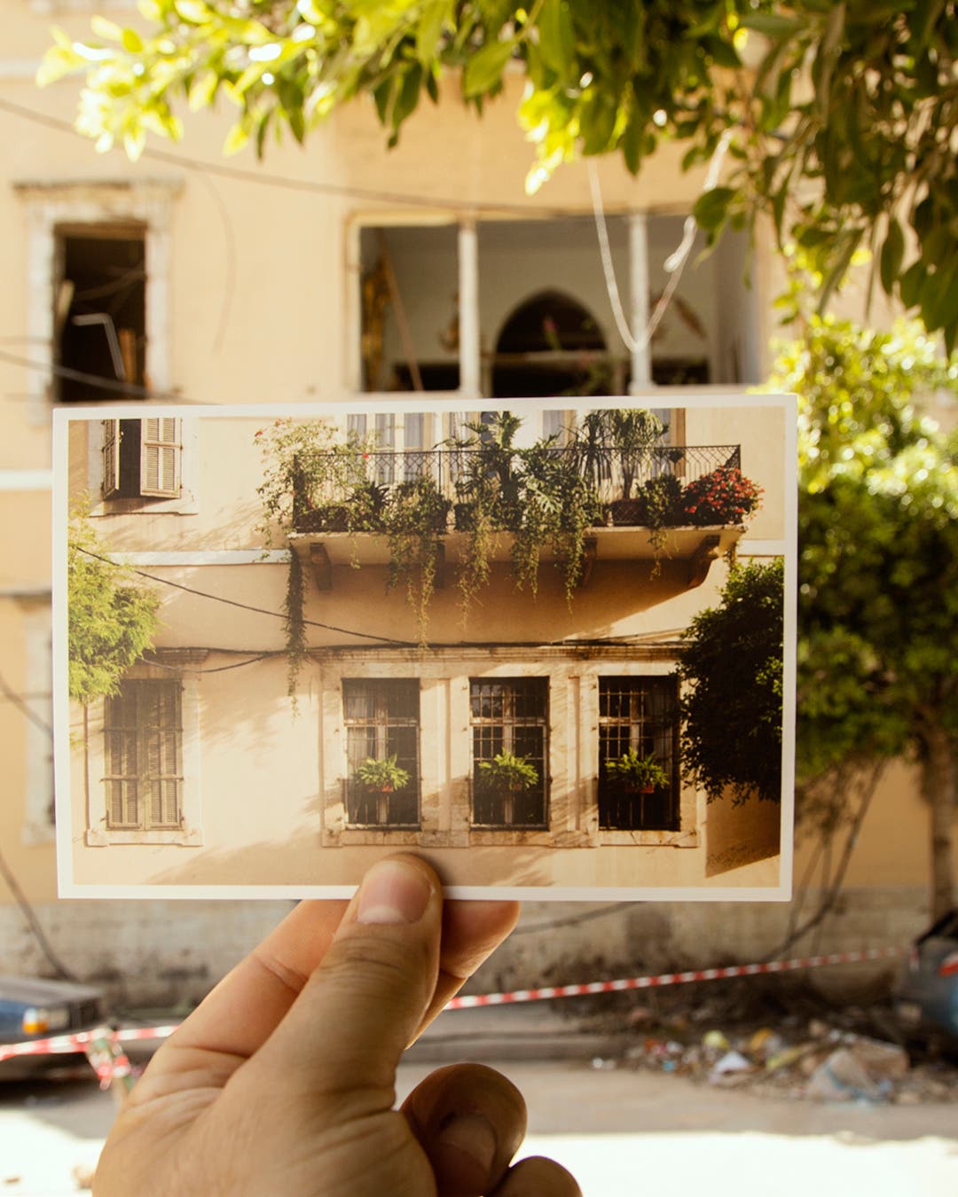 The “Bouyout Beirut” (Houses of Beirut) postcard series juxtaposes buildings that were damaged in the Beirut port explosion on Aug. 4 with an image taken before the blast that rocked the Lebanese capital. (Supplied)