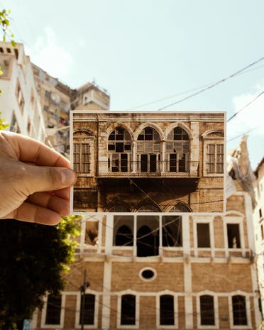 The “Bouyout Beirut” (Houses of Beirut) postcard series juxtaposes buildings that were damaged in the Beirut port explosion on Aug. 4 with an image taken before the blast that rocked the Lebanese capital. (Supplied)