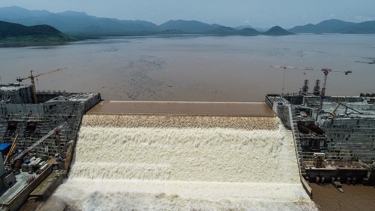 This handout picture taken on July 20, 2020, shows an aerial view Grand Ethiopian Renaissance Dam on the Blue Nile River in Guba, northwest Ethiopia. (AFP/Adwa Pictures)