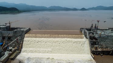 This handout picture taken on July 20, 2020, shows an aerial view Grand Ethiopian Renaissance Dam on the Blue Nile River in Guba, northwest Ethiopia. (AFP/Adwa Pictures)