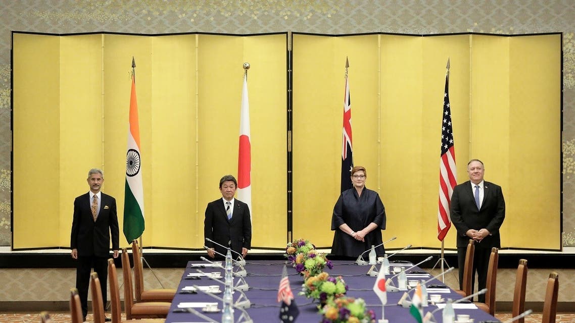 Indian Foreign Minister Subrahmanyam Jaishankar, Japan’s Foreign Minister Toshimitsu Motegi, Australia’s Foreign Minister Marise Payne and US Secretary of State Mike Pompeo pose for a picture prior the Quad ministerial meeting in Tokyo, Japan, on October 6, 2020. (Reuters)_1088708083_RC2XCJ9HU6PO_RTRMADP_3_JAPAN-FOREIGNMINISTERS
