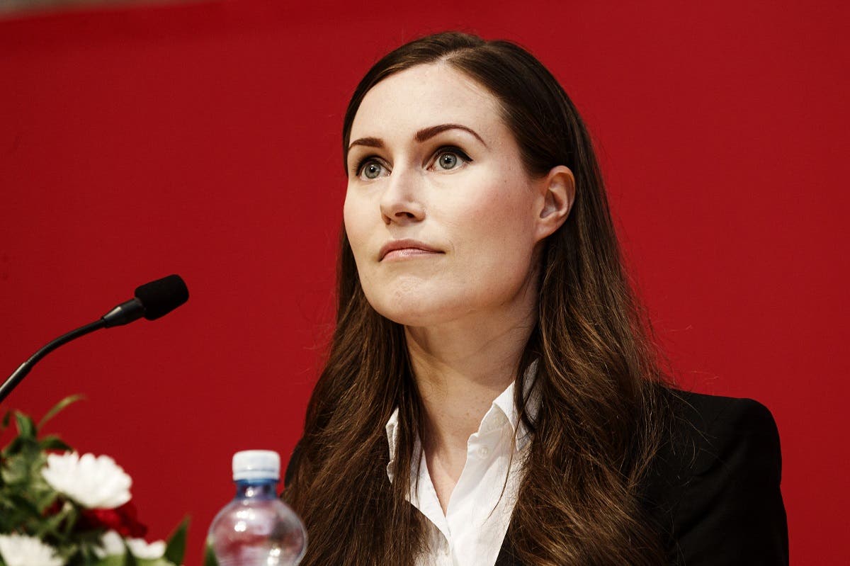 Finnish PM Marin delivers a speech at the 46th Social Democratic convention in Tampere, Finland, on August 23, 2020. (Roni Rekomaa/Lehtikuva/AFP)