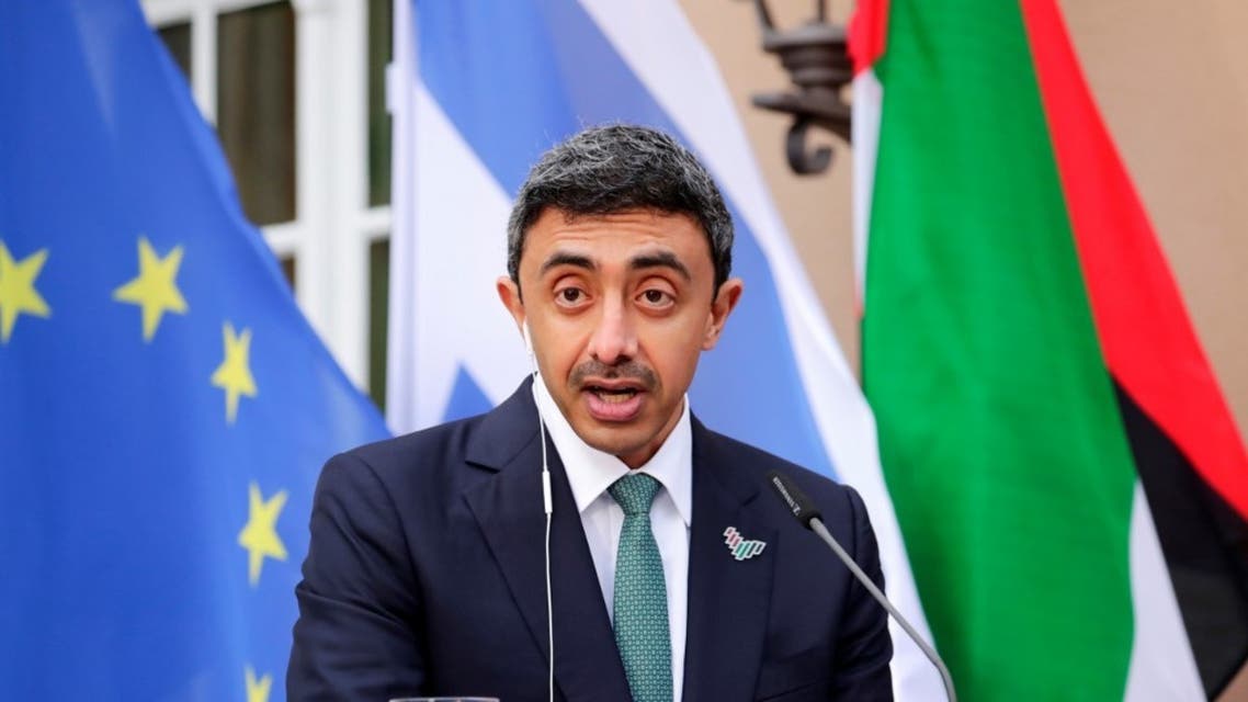 UAE Foreign Minister Sheikh Abdullah bin Zayed al-Nahyan speaks during a news conference with his Israeli counterpart and German Foreign Minister following their historic meeting at Villa Borsig in Berlin, on October 6, 2020. (AFP)