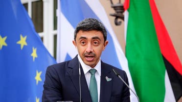 UAE Foreign Minister Sheikh Abdullah bin Zayed al-Nahyan speaks during a news conference with his Israeli counterpart and German Foreign Minister following their historic meeting at Villa Borsig in Berlin, on October 6, 2020. (AFP)