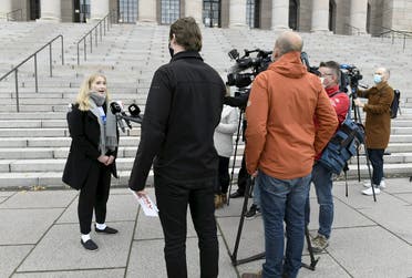 Aava Murto speaks to the press in Helsinki, Finland, on October 7, 2020. (Heikki Saukkomaa/Lehtikuva/AFP)