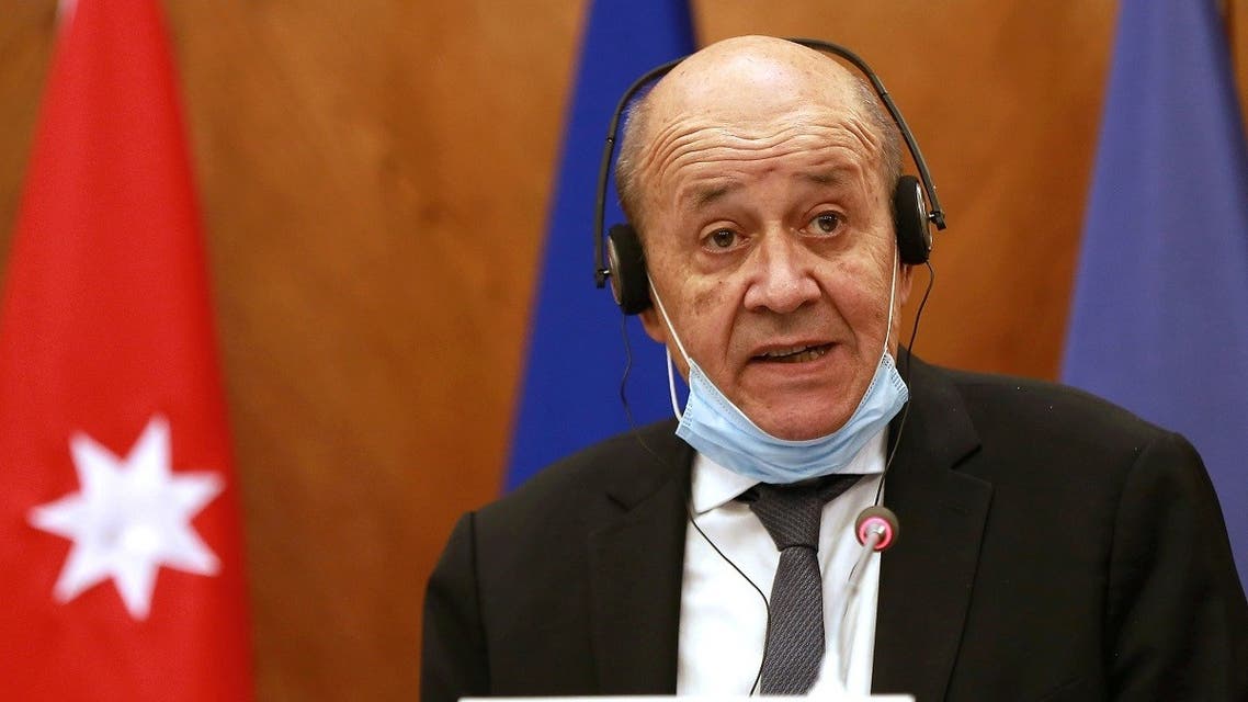 French Foreign Affairs Minister Jean-Yves Le Drian speaks during a news conference at a meeting to discuss how to push forward stalled Arab-Israeli peace talks, in Amman, Jordan, September 24, 2020. (Khalil Mazraawi/Pool via Reuters)