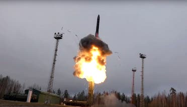 A file photo shows an intercontinental ballistic missile Avangard lifts off from a truck-mounted launcher somewhere in Russia, in an undated photo. (AP)
