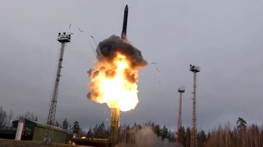 An intercontinental ballistic missile Avangard lifts off from a truck-mounted launcher somewhere in Russia, in an undated photo. (File Photo: AP)