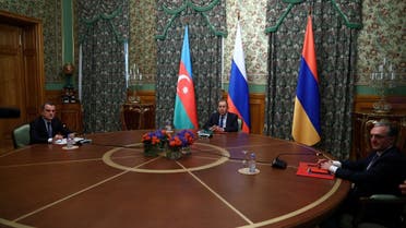 Russian Foreign Minister Sergei Lavrov, Azeri Foreign Minister Jeyhun Bayramov and Armenian Foreign Minister Zohrab Mnatsakanyan meet in Moscow, Oct. 9, 2020. (Reuters)