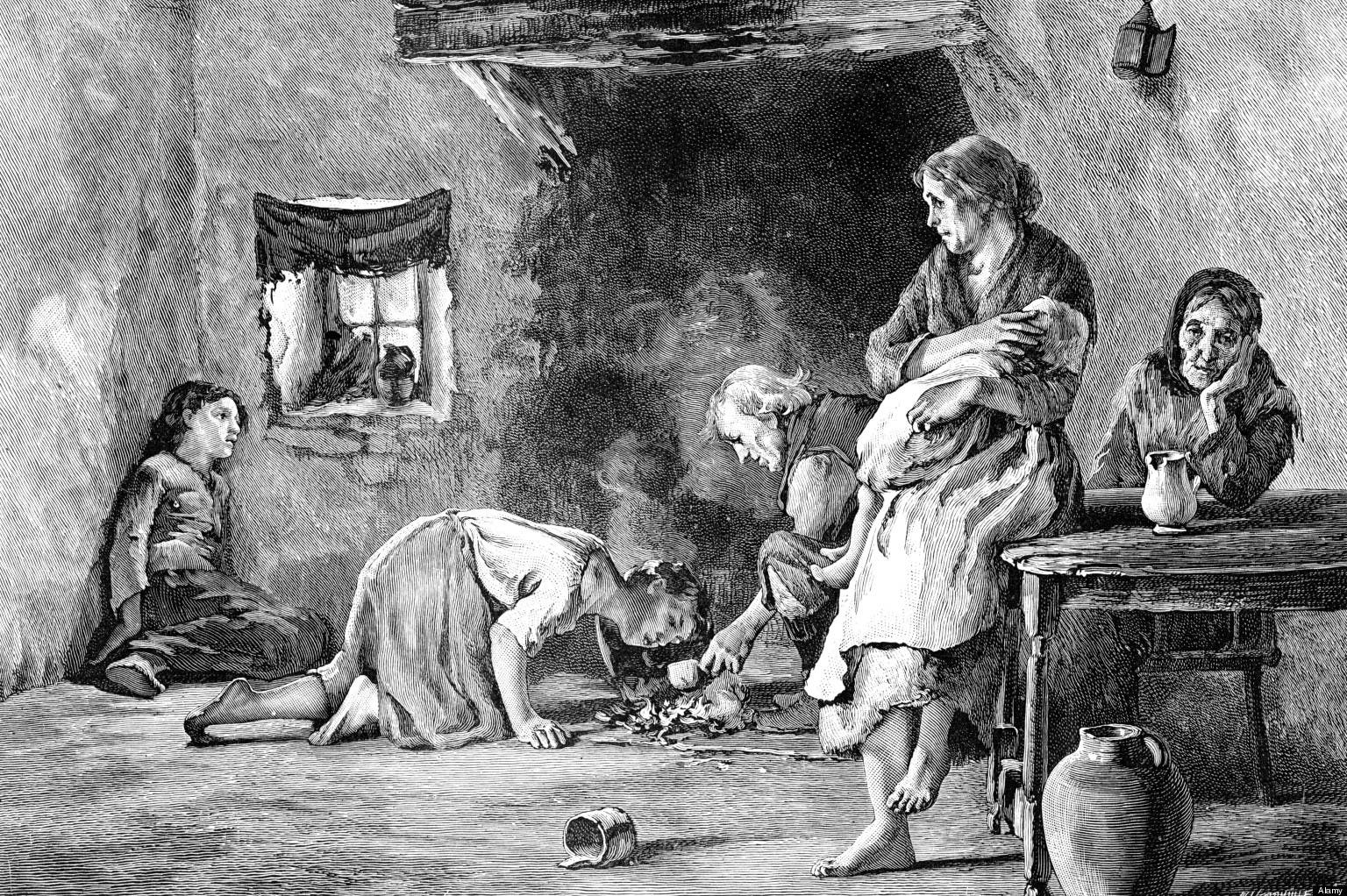 رسم تخيلي يجسد مظاهر البؤس والجوع بين الأيرلنديين زمن المجاعة