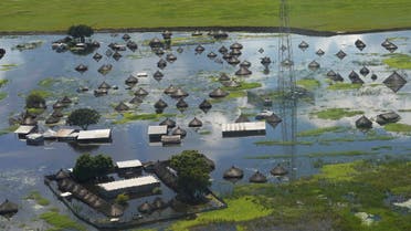 An aerial view shows flooded homes within a village after the River Nile broke the dykes in Jonglei State. (AFP)