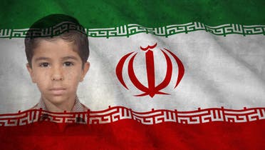 A photo of Iranian boy Mohammad Mousavizadeh, with the flag of Iran. (Twitter)