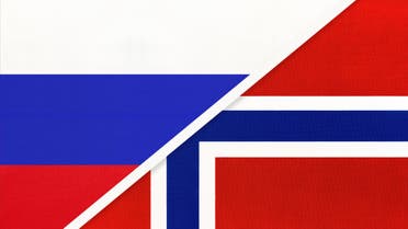Russia vs Norway national flag from textile. Relationship and partnership between two countries. stock illustration