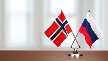 Russia vs Norway national flag from textile. Relationship and partnership between two countries. stock illustration