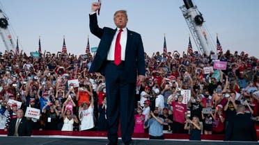 President Donald Trump arrives for a campaign rally at Orlando Sanford International Airport, Oct. 12, 2020, in Sanford, Fla. (AP) 