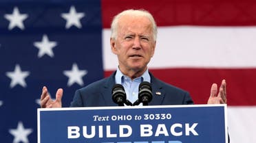 US Democratic candidate Joe Biden speaks during a drive-in campaign event in Toledo, Ohio, Oct. 12, 2020. (Reuters)
