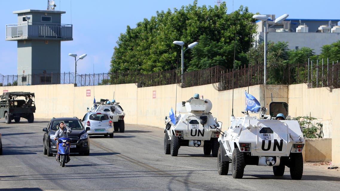 A convoy of UN peacekeepers (UNIFIL) vehicles drive in Naqoura, near the Lebanese-Israeli border, southern Lebanon October 14, 2020. (Reuters)