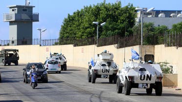 A convoy of UN peacekeepers (UNIFIL) vehicles drive in Naqoura, near the Lebanese-Israeli border, southern Lebanon Oct. 14, 2020. (Reuters)
