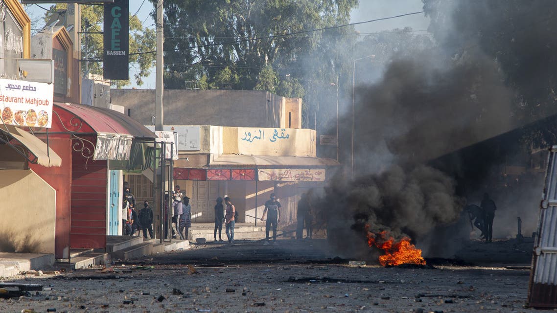 Tunisian protesters take to the streets of the impoverished Tunisian town of Sbeitla on October 13, 2020 after a man died when authorities demolished an illegal kiosk where he was sleeping.
