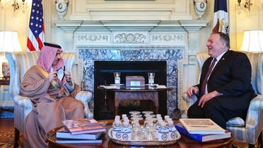 US Secretary of State Pompeo and Saudi Foreign Minister Prince Faisal bin Farhan speak in Washington, Oct. 14, 2020. (Saudi Foreign Ministry)