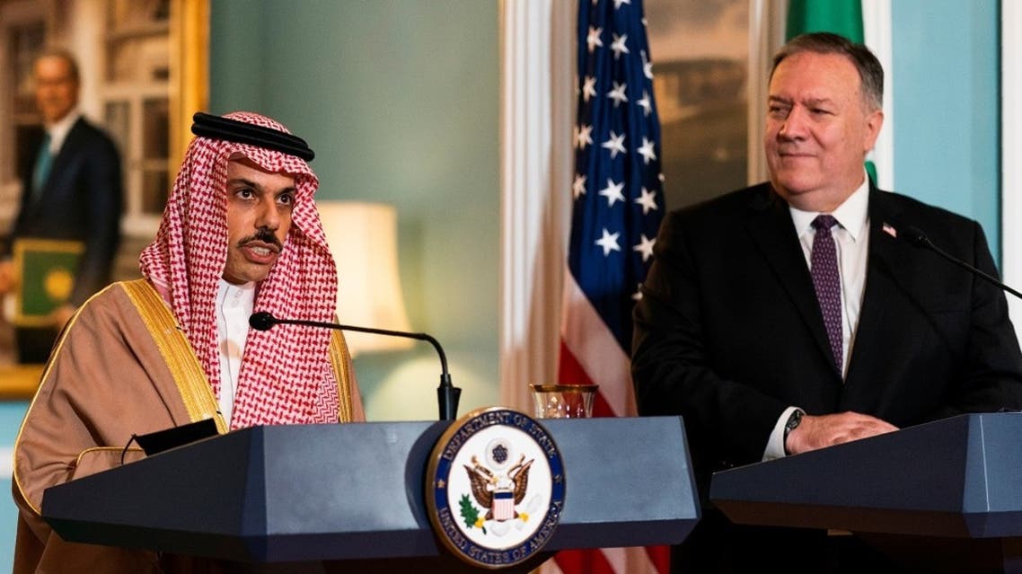 US Secretary of State Mike Pompeo, listens to Saudi Minister of Foreign Affairs Prince Faisal bin Farhan Al Saud speaks at the State Department, in Washington, Oct. 14, 2020. (Reuters)