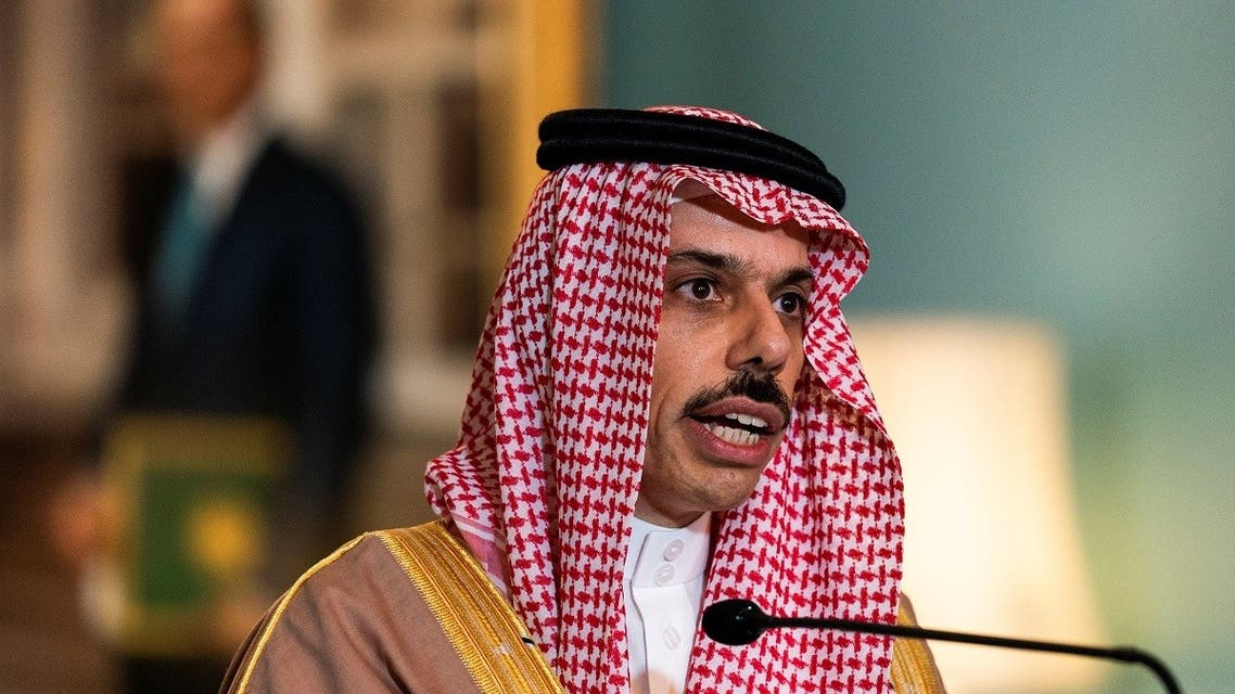 Saudi Arabian Foreign Minister Prince Faisal bin Farhan speaks during a meeting with US Secretary of State Mike Pompeo, in Washington, Oct. 14, 2020. (Reuters)