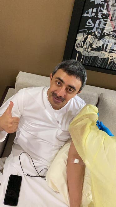 Minister of Foreign Affairs and International Cooperation Sheikh Abdullah bin Zayed Al Nahyan receives a COVID-19 vaccine dose. (Twitter)