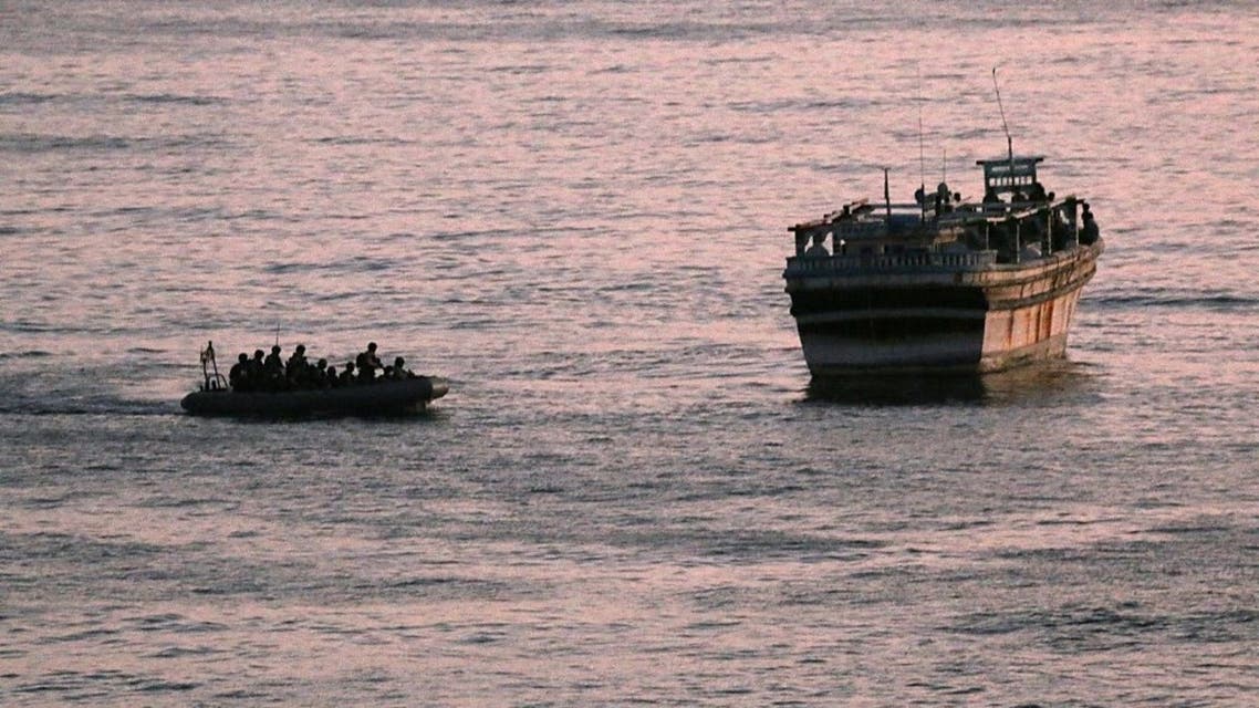 A handout picture released on October 15, 2020 by the Combined Maritime Forces (CMF) shows crew of the destroyer USS Winston S. Churchill heading to provided assistance to an Iranian-flagged motor vessel in distress in the Gulf water off Oman. (AFP)