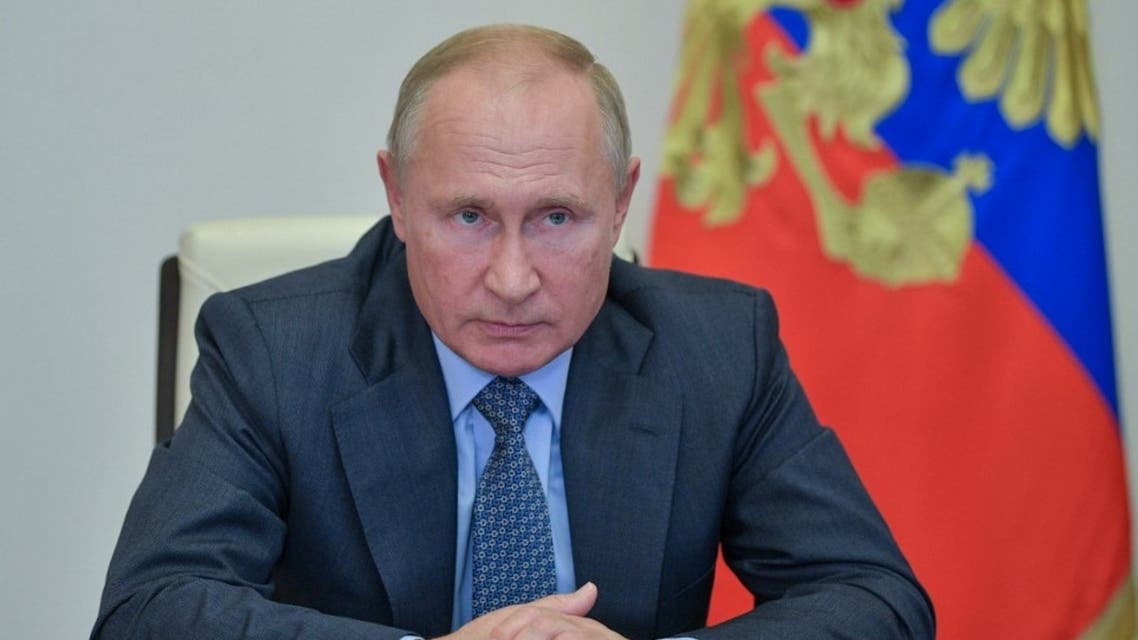 Russian President Vladimir Putin chairs a meeting on fire emergency response in Ryazan Region, via teleconference call, at Novo-Ogaryovo residence, outside Moscow, on October 8, 2020. (AFP)