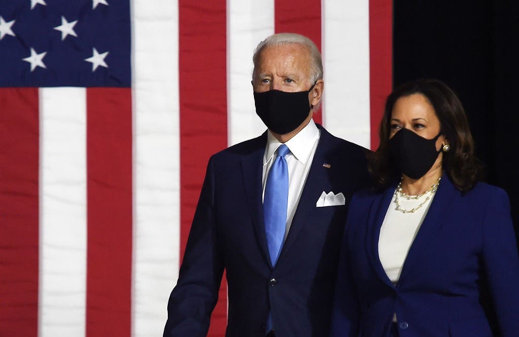 Democratic presidential nominee and former US Vice President Joe Biden (L) and vice presidential running mate, US Senator Kamala Harris, in Wilmington, Delaware, on August 12, 2020. (AFP)