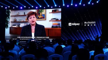 Kristalina Georgieva, Managing Director of the International Monetary Fund (IMF), is seen on a giant screen as she delivers a speech via video at the INCLUSION Fintech Conference in Shanghai, China, September 24, 2020. (Reuters/Cheng Leng)
