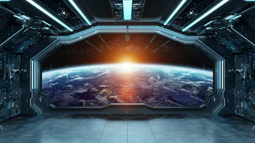 Dark blue spaceship futuristic interior with window view on planet Earth 3d rendering elements of this image furnished by NASA stock photo
