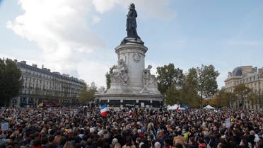 People gather on Republique square for a demonstration, October 18, 2020 in Paris. (AP/Michel Euler)