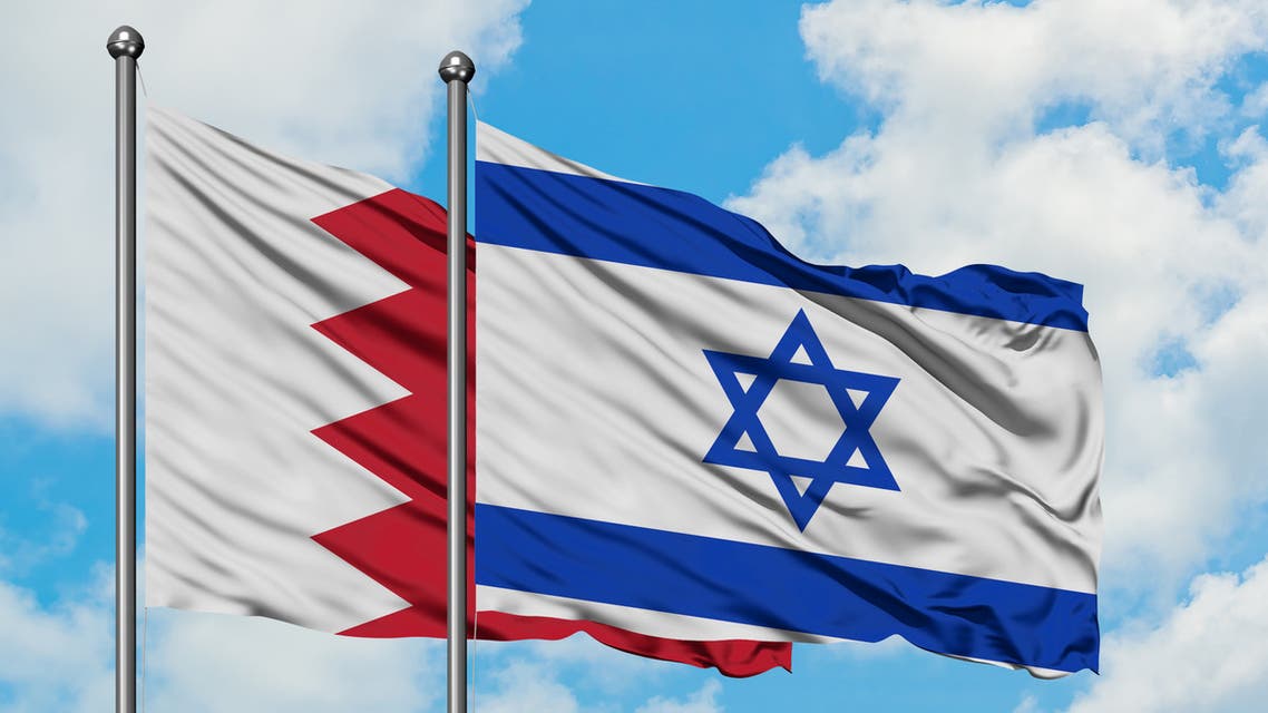 Bahrain and Israel two flags together textile cloth, fabric texture stock photo